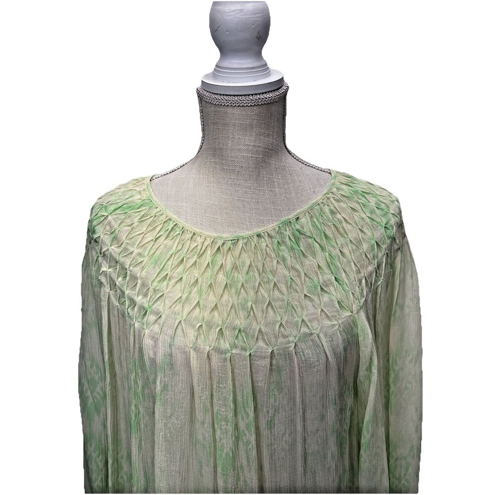 Sundance Green Silk Chiffon Smocked Ombre Sheer Boho Blouse Top Large Flowy - Picture 4 of 12